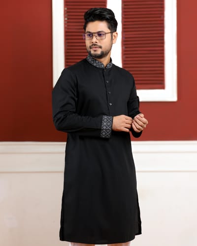 Black Panjabi with Patterned Collar and Cuffs