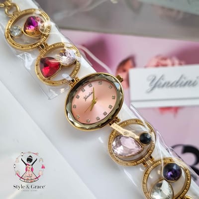 Yindini Ladies Bracelet Stone pattern || Pink Dial