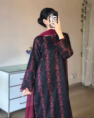 ব্লাক+মেরুন ফ্লোরাল থ্রি-পিস সেট - Image 5