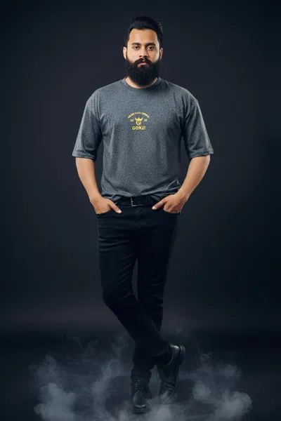 Gonji Dark Grey Yellow Logo Drop Shoulder T-Shirt