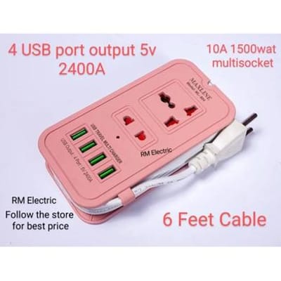 Maxline ML-604 4 USB Ports 2 Sockets Travel Multi Charger And Extension Socket With 6 Feet Cable