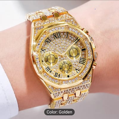 Luxury Golden-Tone Women's Rhinestone Watch with Roman Numerals, Quartz Movement, and Sparkling Bezel - Elegant Business Style Analog Display, Formal Timepiece | Classic Elegance | Durable Bracelet 16