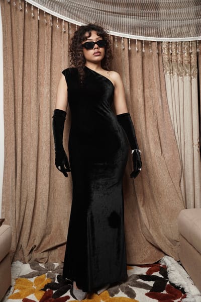 Velveteen Black Gloved Dress - Image 1