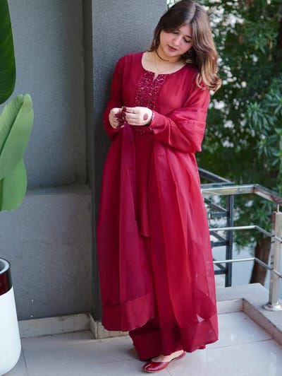 Red Wine Color Cherry georgette Three pieces - Image 1