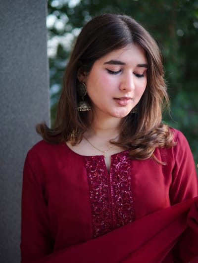 Red Wine Color Cherry georgette Three pieces - Image 2