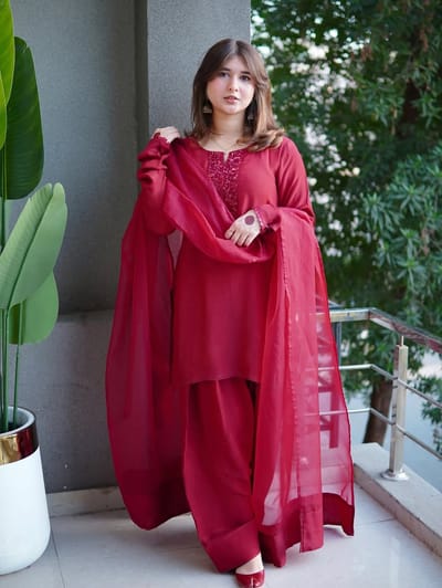 Red Wine Color Cherry georgette Three pieces - Image 3