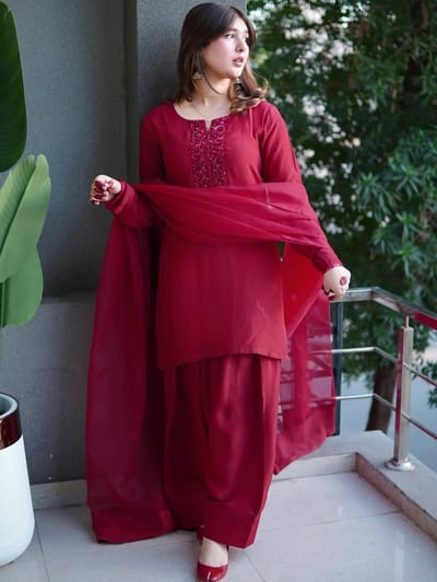 Red Wine Color Cherry georgette Three pieces - Image 4