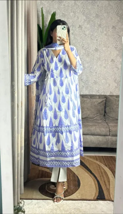 নিউ ব্লক স্কিন প্রিন্টেড পিওর কটন আনারকলি গাউন টু-পিস
