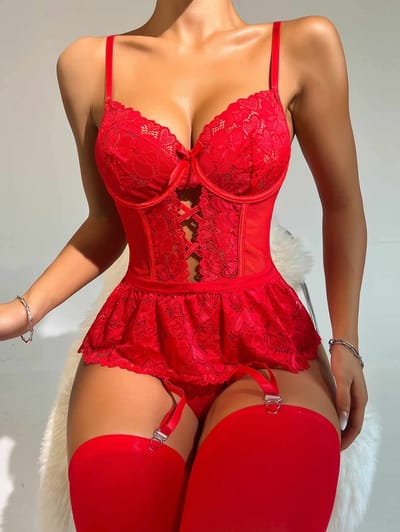 Lace Bodysuit with Thigh-High Stockings - Image 14