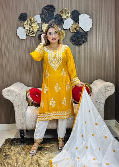 চিকেনকারি নেকলেস ডিজাইনের এমব্রয়ডারি কাজ করা থ্রি-পিস কালেকশন - Image 3