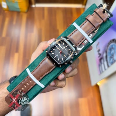 TUBULAR | RM SHAPE | AUTHENTIC LEATHER BELT | BROWN BELT | BLACK DIAL | SS BODY | BLACK BODY