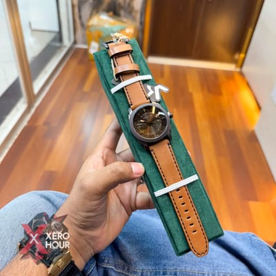 TUBULAR | FOSSIL SHAPE | AUTHENTIC LEATHER BELT | LIGHT BROWN BELT | BLAKC DIAL