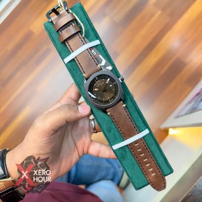 TUBULAR | FOSSIL SHAPE | AUTHENTIC LEATHER BELT |  BROWN BELT | BLACK DIAL