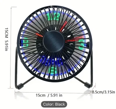 USB-Powered LED Clock Fan with Real-Time Temperature Display - Sleek Black Iron Frame, Blue & Green LED Lights, Compact Desktop Design for Home Office & Workspace, Office Desk Accessory, Modern Aesthetic, Durable Construction