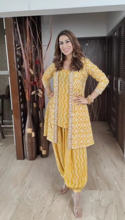 Yellow Dhoti Style Koti Three Piece Set - Image 3