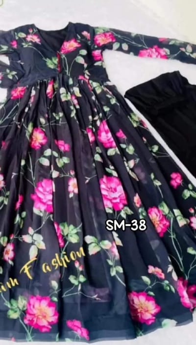 Black Queen Georgette Gwan Three piece Set - Image 1