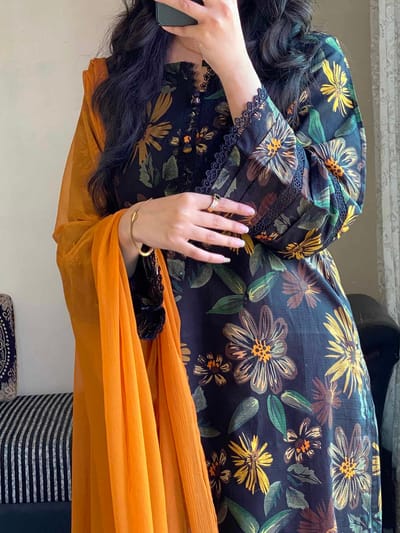 Black Floral Printed Three Piece