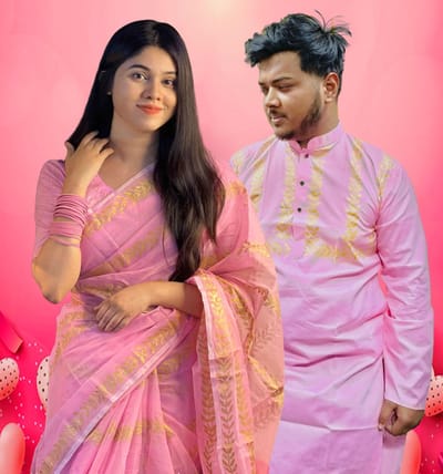 প্রিমিয়াম সেমি মসলিন শাড়ি পাঞ্জাবি কাপল সেট। - Image 2