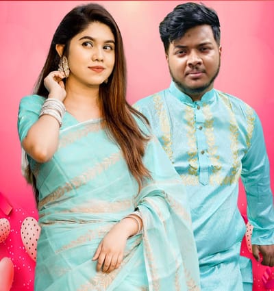 প্রিমিয়াম সেমি মসলিন শাড়ি পাঞ্জাবি কাপল সেট। - Image 4