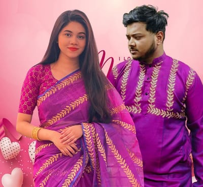 প্রিমিয়াম সেমি মসলিন শাড়ি পাঞ্জাবি কাপল সেট। - Image 5