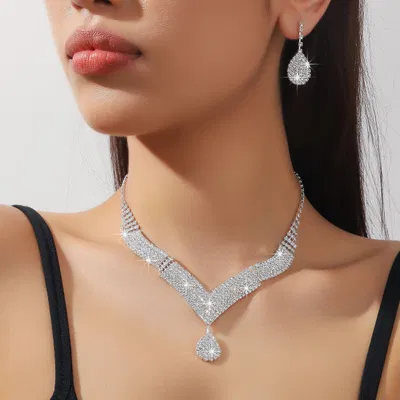 Cross-border Explosions Full Diamond Water Drops Rhinestone Necklace Earrings suit Luxury High-end Sense Simple All-match Bridal suit Women