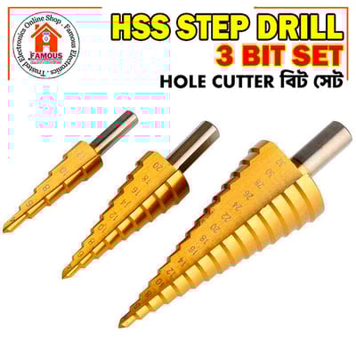 HSS Step Drill Bit Set | Titanium Coated Straight Groove | Hex Shank Hole Cutter | 3-12mm, 4-12mm, 4-32mm