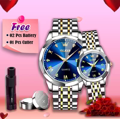 Butter Fly Lock Olievs Stainless Steel fashionable Couple watches +1pcs chain cutter+ 2 pcs battery (Silver Blue - Image 1