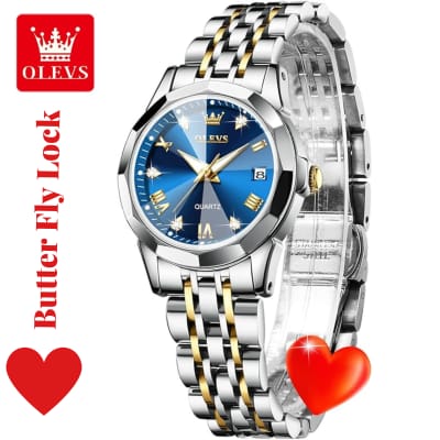 Butter Fly Lock Olievs Stainless Steel fashionable Couple watches +1pcs chain cutter+ 2 pcs battery (Silver Blue - Image 2