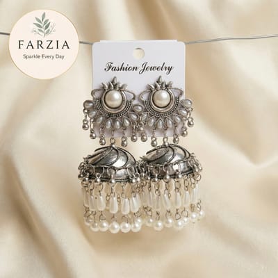 Traditional Silver Jhumka Earrings with Pearl Drops
