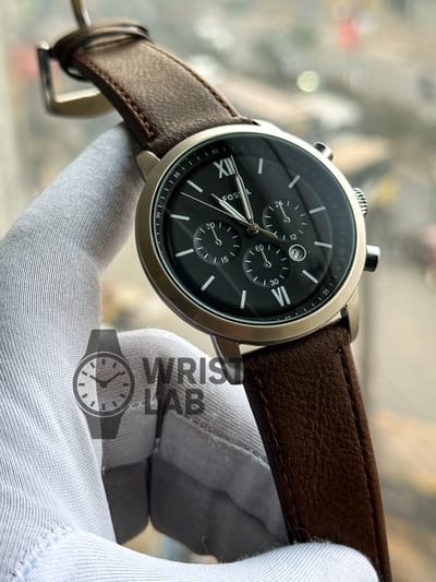 FOSSIL FAKE CHRONOGRAPH SILVER CASE BLACK DIAL BROWN LEATHER