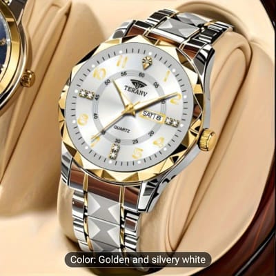 Fashion Men'S Quartz Watch Rhombus Numeral Dial Double Calendar Luminous Waterproof Steel Strap Watch Rhinestone Decorative Watch Business Watch Gift 002