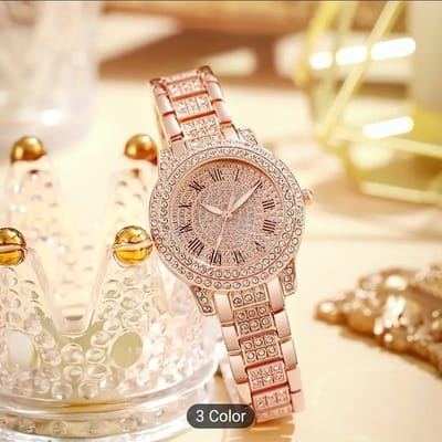 Elegant Women's Quartz Watch - Glamorous Rose Golden with Sparkling Gemstones, Roman Numerals, Stainless Steel Band 012