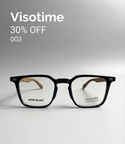 Montblanc Classic Square Eyeglasses – Gloss Black Frame with Wood-Textured Temples and Anti-Blue Light Lenses