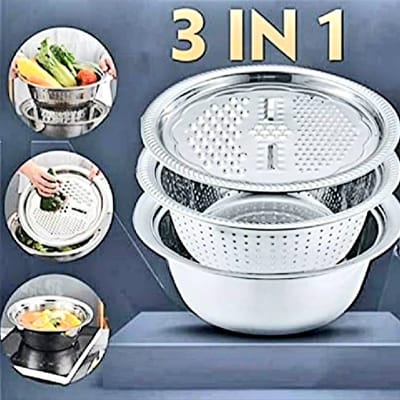 3 in 1 Stainless Steel Drain Basket Vegetable Cheese Grater Fruit Rice Food Washing Bowl Strainer Set Salad Bowl