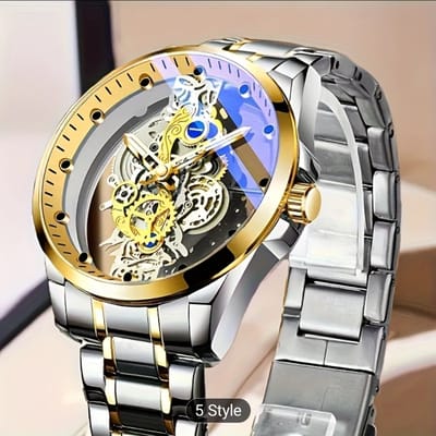 LOUISIFS Men'S Dual-Sided Transparent Hollow-Out Quartz Watch with Luminous Hands, Stainless Steel Band & Faux Leather Strap, Sporty Design, World Time Function, Battery-Powered, Ideal for Halloween, Christmas, Thanksgiving Gifts, Casual Wristwatch 28