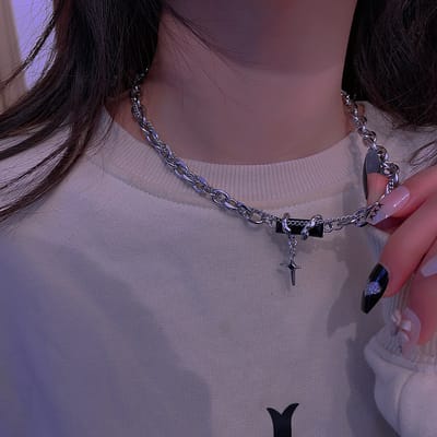 Black Gemstone Titanium Steel Necklace - Image 3