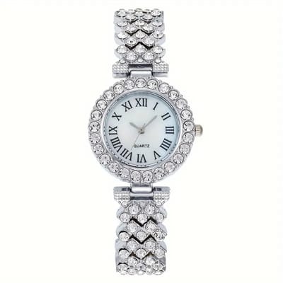 [1pc Elegant Ladies' Rhinestone Wristwatch] 1pc Elegant Ladies' Rhinestone Roman Numeral Quartz Wristwatch, Casual Style Round Alloy Case with Bracelet Band, Non- Fashion Timepiece with Button Battery 34