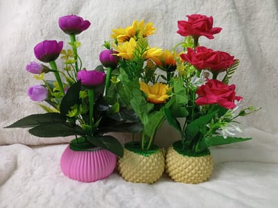 Artificial Little various Flower & Plant In Plastic Pot Combo 7Inc/18Cm For Office, Home, Table Decoration - Home Decoration Item - artificial flower