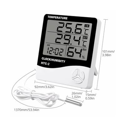 HTC-2 Digital Temperature Humidity Meter | Indoor & Outdoor Sensor | Clock + Weather Station