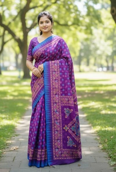 প্রিমিয়াম সিল্ক টাঙ্গাইল বুটিক স্কিন প্রিন্ট শাড়ি - Image 2