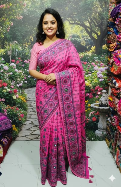 প্রিমিয়াম সিল্ক টাঙ্গাইল বুটিক স্কিন প্রিন্ট শাড়ি - Image 4