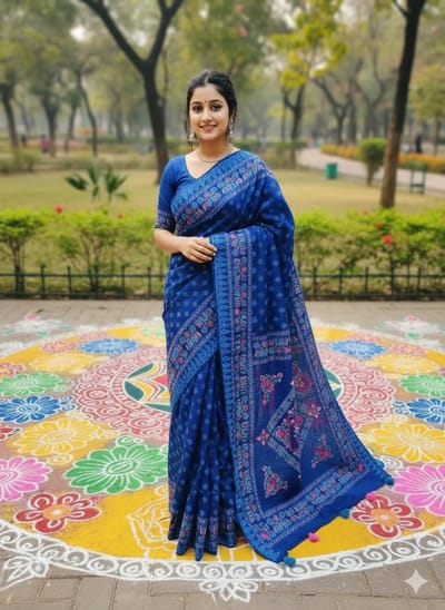 প্রিমিয়াম সিল্ক টাঙ্গাইল বুটিক স্কিন প্রিন্ট শাড়ি - Image 6