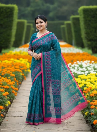 প্রিমিয়াম সিল্ক টাঙ্গাইল বুটিক স্কিন প্রিন্ট শাড়ি - Image 8