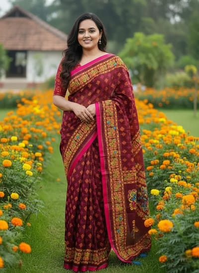 প্রিমিয়াম সিল্ক টাঙ্গাইল বুটিক স্কিন প্রিন্ট শাড়ি - Image 9