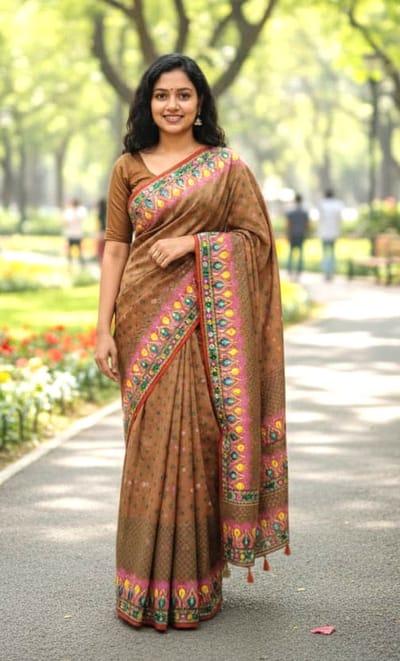 প্রিমিয়াম সিল্ক টাঙ্গাইল বুটিক স্কিন প্রিন্ট শাড়ি - Image 14