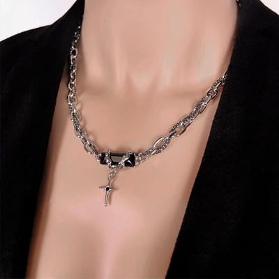 Black Gemstone Titanium Steel Necklace - Image 1