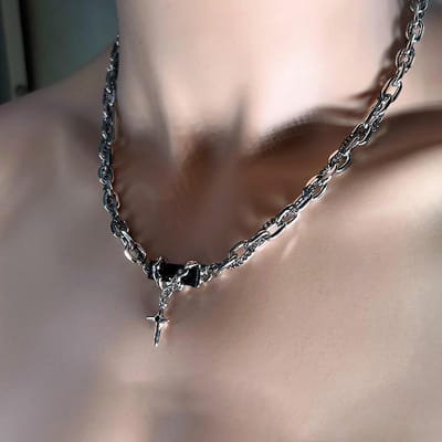 Black Gemstone Titanium Steel Necklace - Image 2