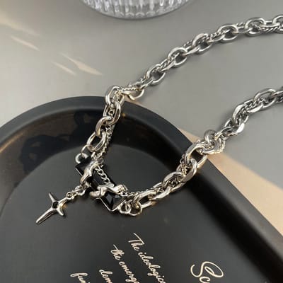 Black Gemstone Titanium Steel Necklace - Image 4