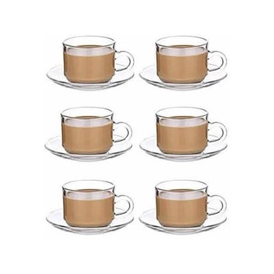 স্বচ্ছ কাচের চায়ের কাপ  পিরিছ সেট-৬ পিছ কাপ,৬ পিছ পিরিছ  #Round cup set - Image 1