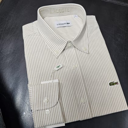 Lacoste Regular Fit Beige Striped Oxford Shirt